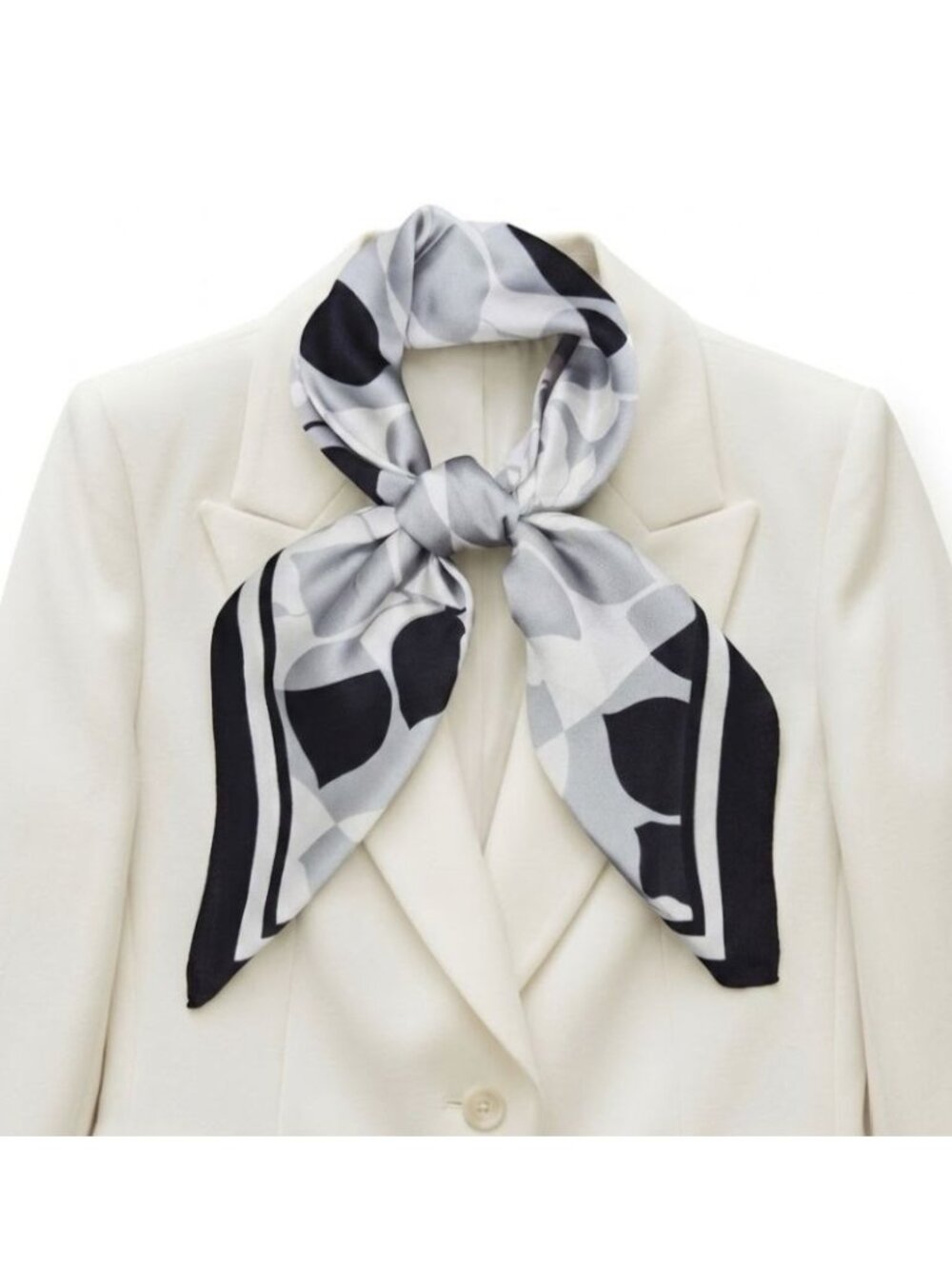 Luxury Silk Feel Scarf Gray White Black Abstract Geometric Floral Square Bandana